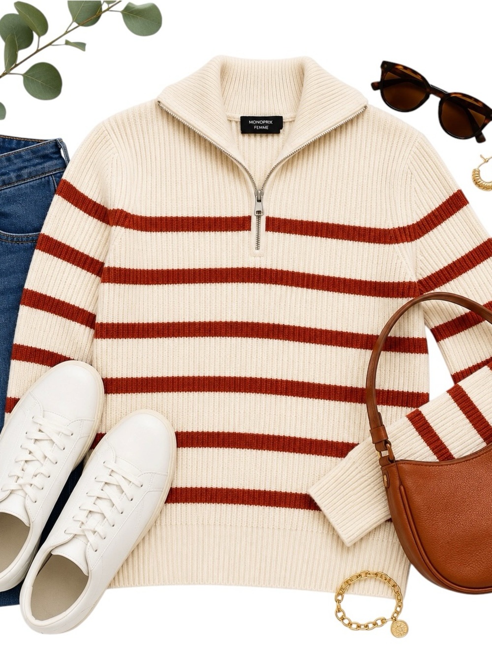 Monoprix Femme Ivory Rust Stripe Ribbed Half Zip Sweater XS French Knit Top Chic